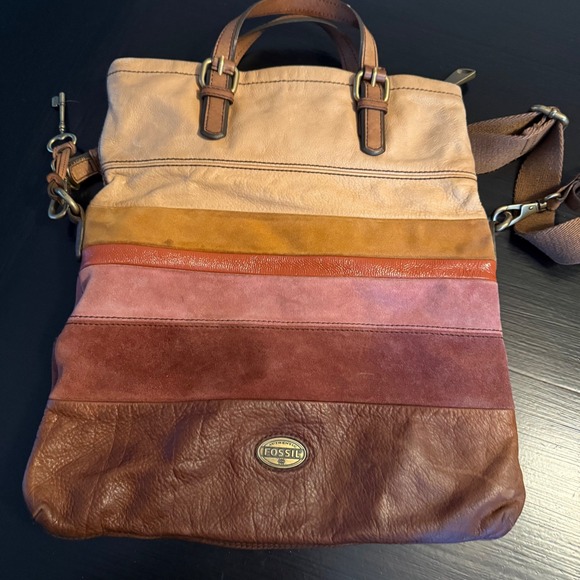 Fossil Handbags - Fossil Multicolor Striped Leather Suede Foldover Crossbody Tote Bag Brown Mauve